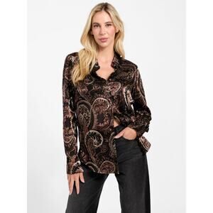 GUESS Women Brown Burnout Paisley Printed Clarisse Oversized Casual Shirt Size M